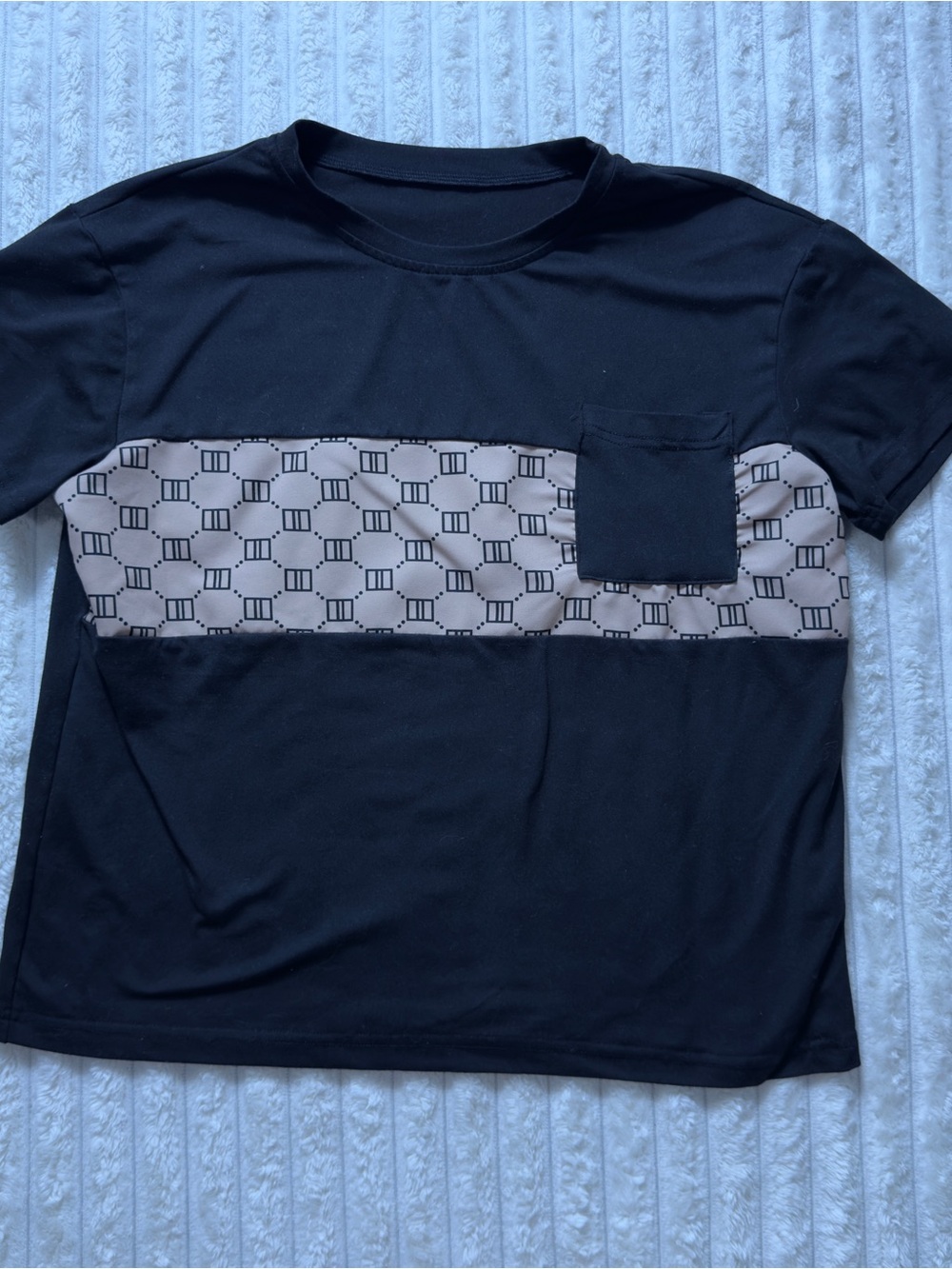 Gucci Men's XS Black Beige Geometric Panel Pocket Jersey T-Shirt Short Sleeve